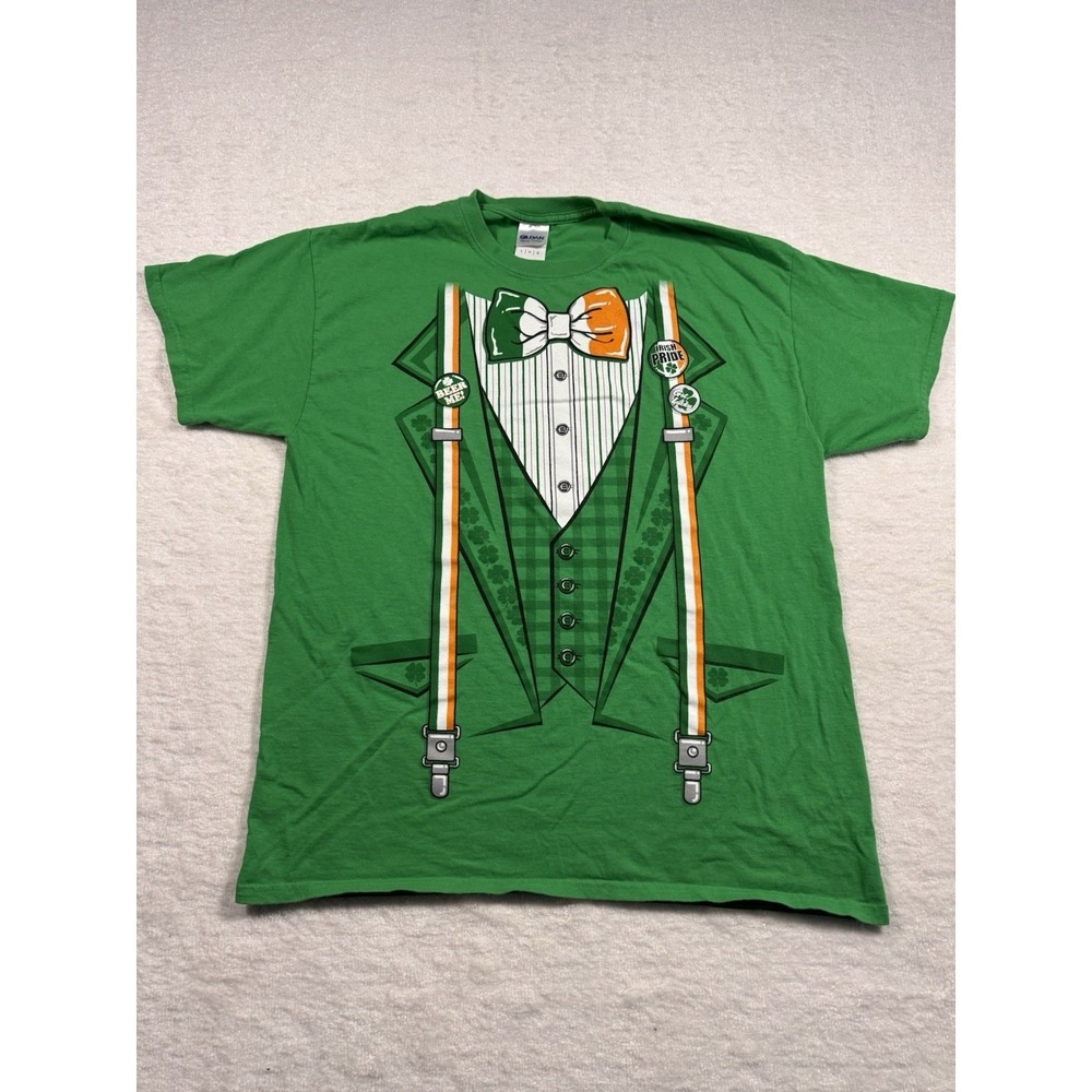 Gildan Mens St Patricks Day Tuxedo Graphic T-Shirt Green Large Heavy Cotton